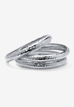 Silvertone Hammered 3 Piece Stack Bracelet Set, 8.5"