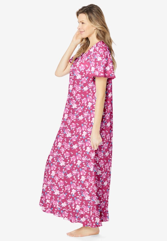 Long Floral Print Cotton Gown, STRAWBERRY ROSES, alternate image number 2