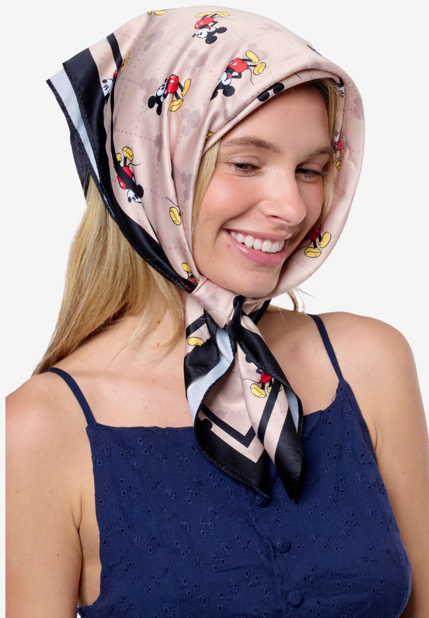 Disney Mickey Mouse Silky Scarf 27 inches x 27 inches Tan Icon Print Square Neck Tie, BLACK, on-hover image number 1