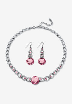 Silver Tone Collar Necklace and Earring Set, Simulated Birthstone