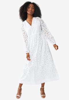 Eyelet Midi Dress with Blouson Sleeves