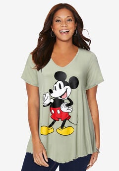 Disney Sage Green Mickey V-Neck Point Hem Tee
