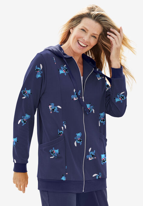 Disney Women's Zip Up Fleece Hoodie Stitch All Over Print, NAVY ALLOVER STITCH, hi-res image number null