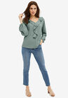 Knit Top With Ruffled V-Neck, GREY SPRUCE, hi-res image number null