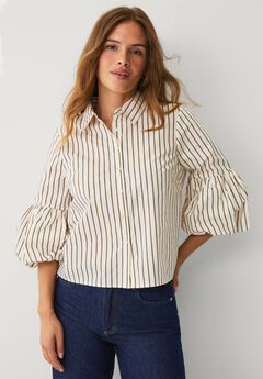 Button-Front Three-Quarter Puff Sleeve Shirt