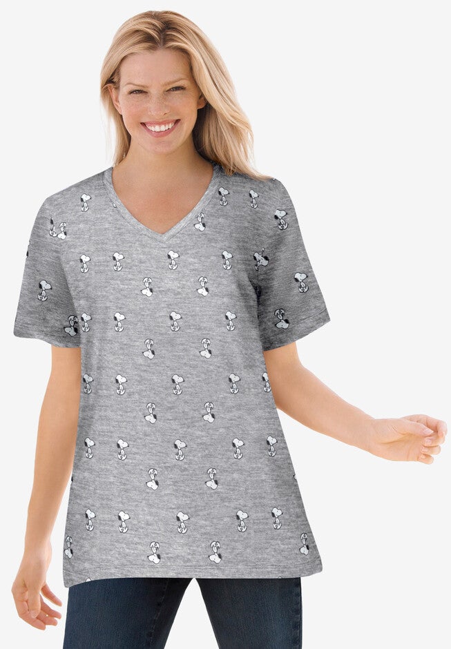 Peanuts Short Sleeve V-neck Snoopy Tee, HEATHER GREY SNOOPY, hi-res image number null