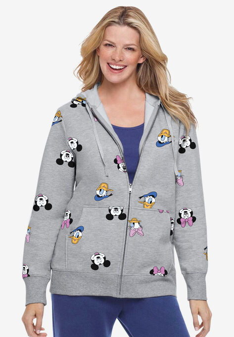 Disney Women's Zip Up Fleece Hoodie Mickey Mouse and Friends All Over Print, HEATHER GREY MICKEY FRIENDS, hi-res image number null