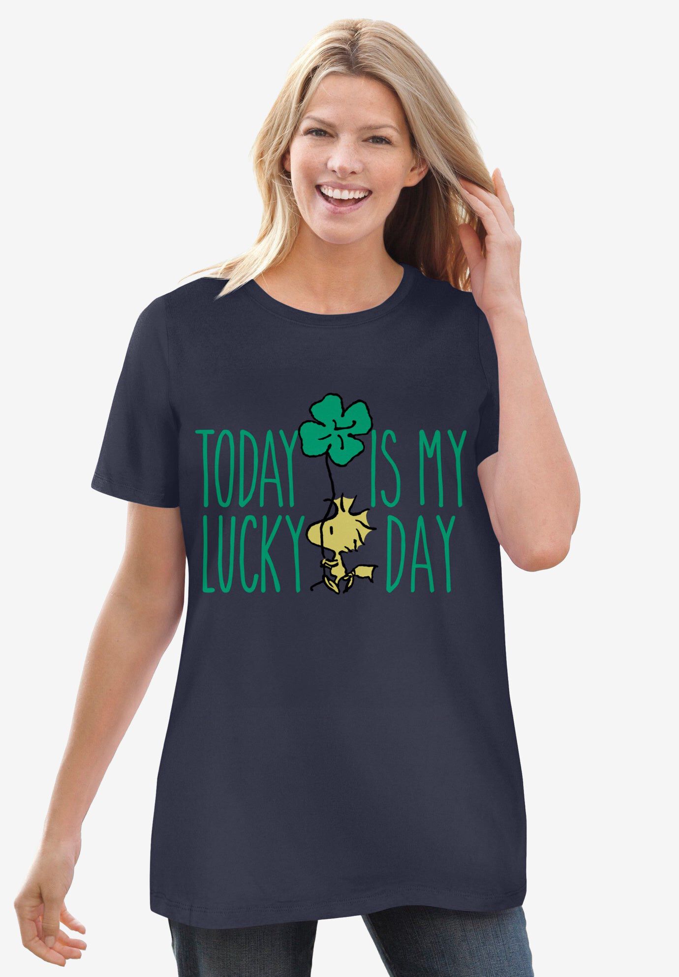 Peanuts Women&rsquo;s Short Sleeve St. Patrick&rsquo;s Woodstock, CHARCOAL LUCKY WOODSTOCK, hi-res image number 0