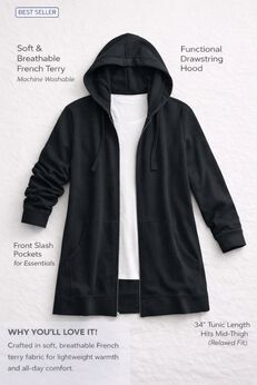 French Terry Long Sleeve Zip-Front Tunic Hoodie