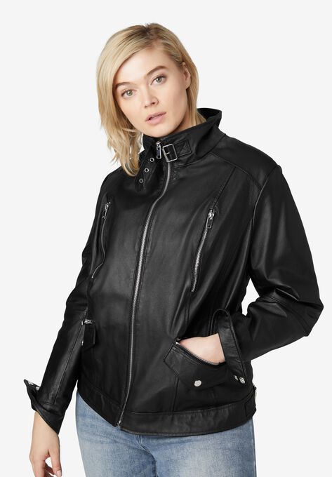 Zip Front Leather Jacket, BLACK, hi-res image number null