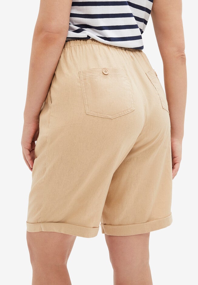 Linen Blend Drawstring Bermuda Shorts, , on-hover image number null