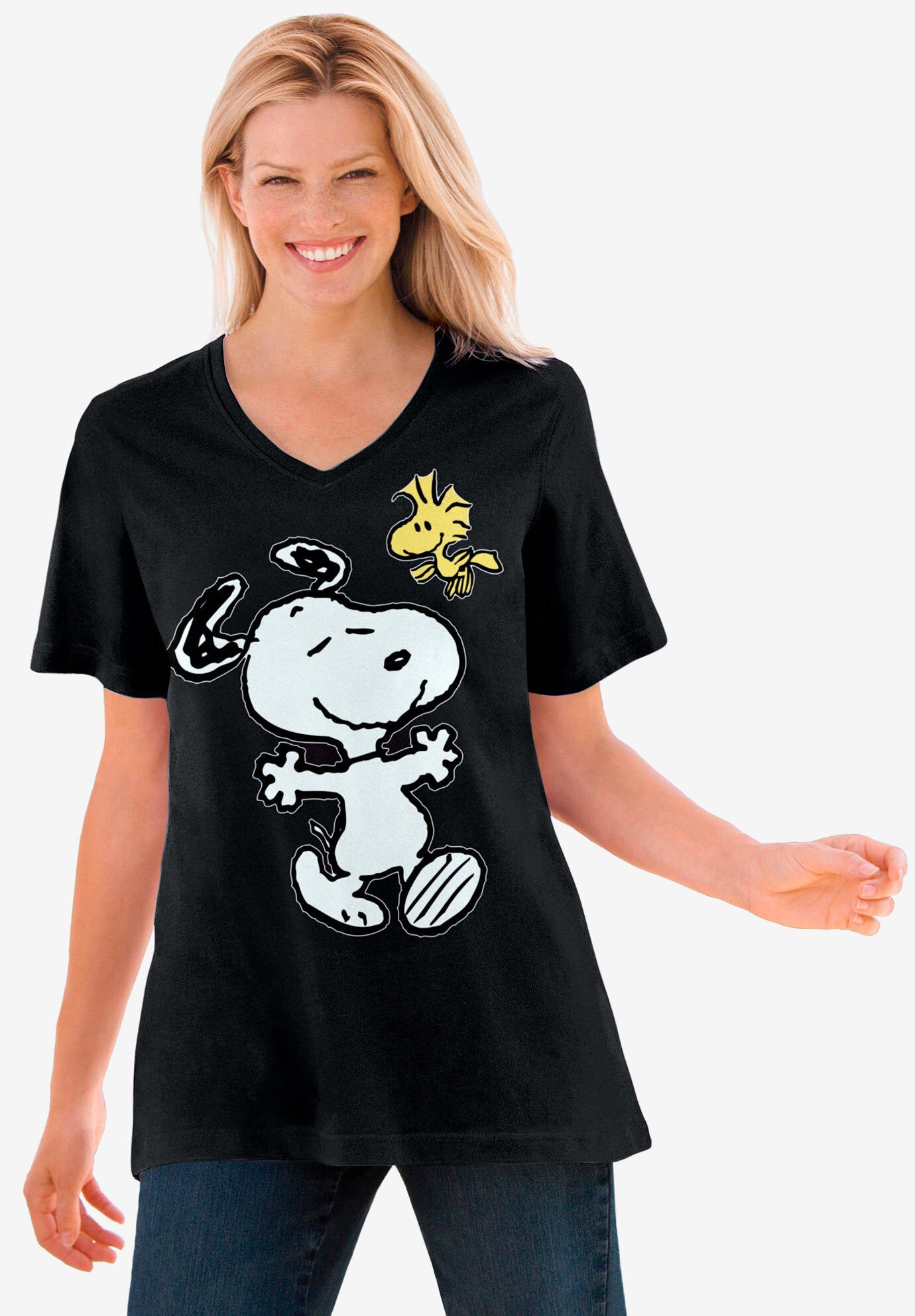 Peanuts Black Snoopy Woodstock V-neck Tee, BLACK SNOOPY WOODSTOCK, hi-res image number 0