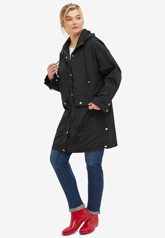 Fashionable Hooded A-Line Raincoat, Black | Roaman's