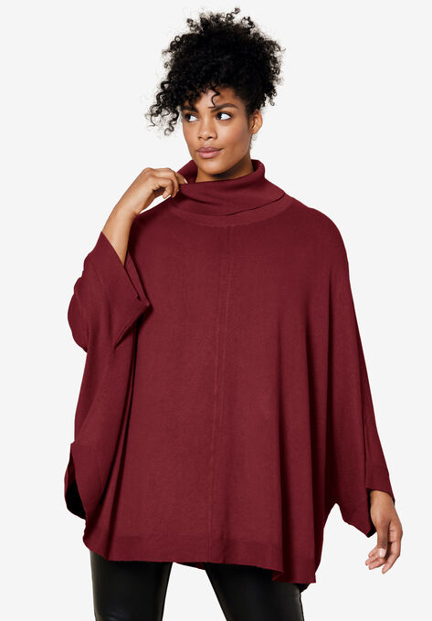 Turtleneck Poncho Sweater, MAROON RED, hi-res image number null