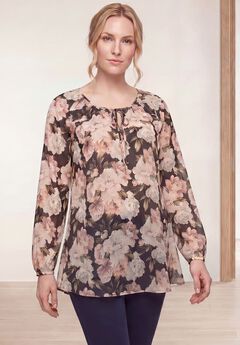 A-Line Long Sleeve Peasant Tunic with Tie-Neck Keyhole Neckline