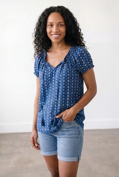 A-Line Scoop Neck Ruffle Trim 100% Cotton Cambric Peasant Blouse