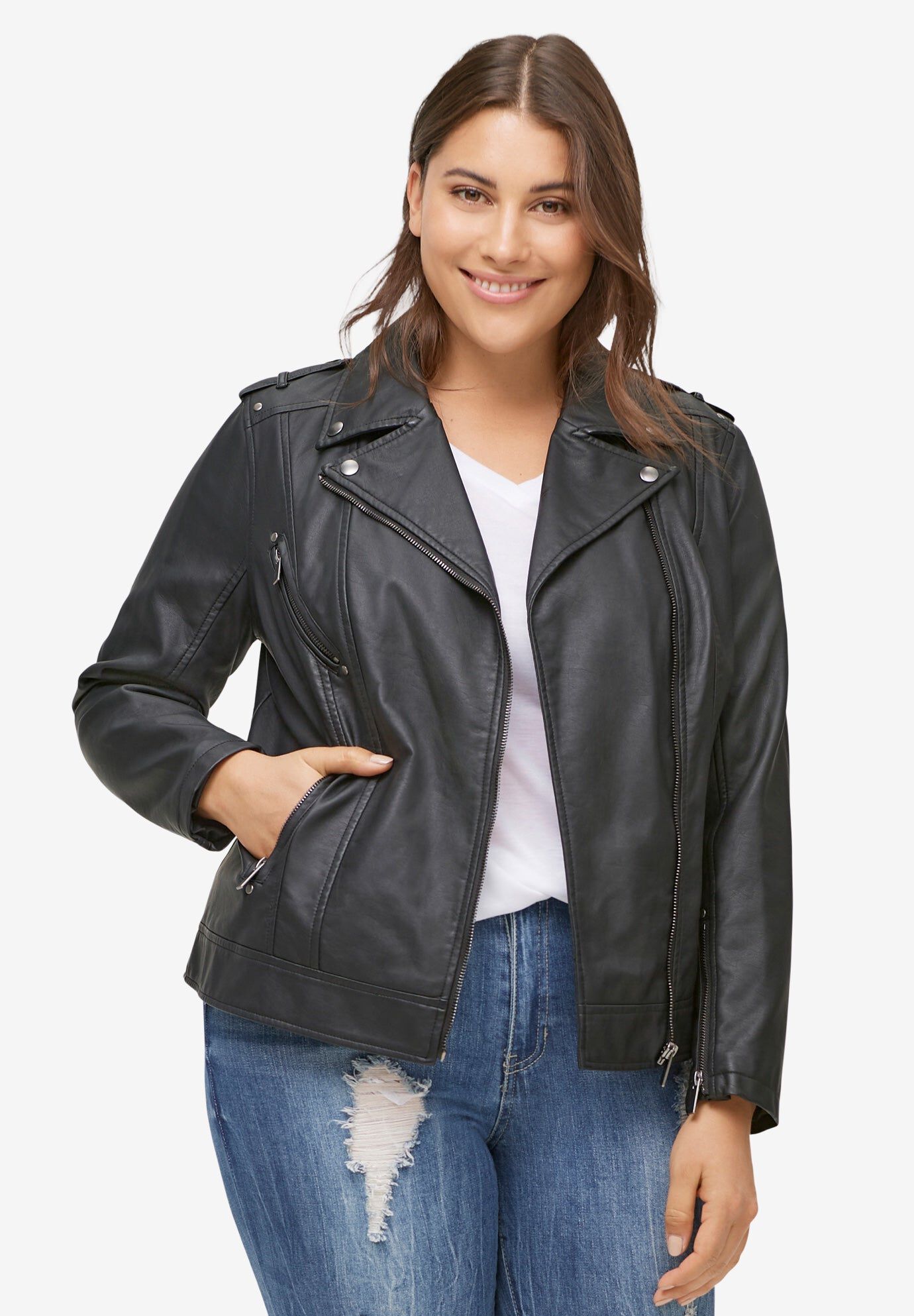 Faux Leather Moto Jacket, BLACK, hi-res image number 0