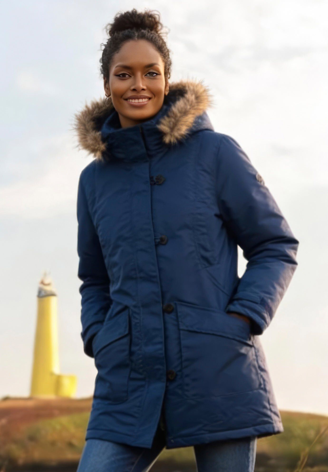 Fashionable Hooded Faux Fur Trim Coat, Rich Brown | Roaman's