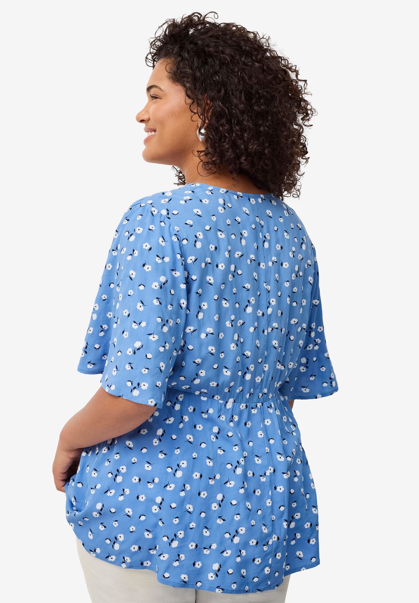 V-Neck Empire Tunic with Button Trim Placket, DREAM BLUE DITSY FLORAL, on-hover image number 1