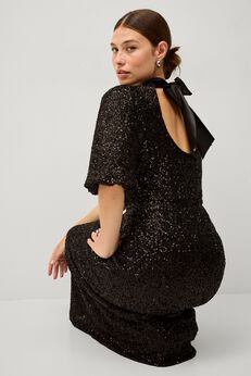A-Line Mockneck Sequin Maxi Dress With Back Satin Bow