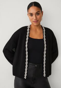 Wool-Blend Embellished Open-Front Cascade Shawl Boxy Cardigan