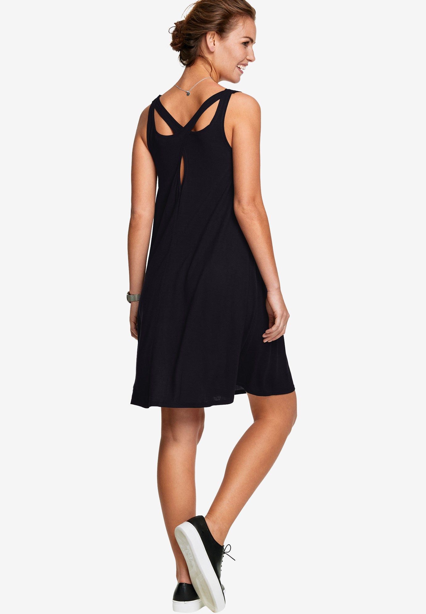Stretch Jersey Knit A-Line Crossover Back Tank Short Dress, , alternate image number 2