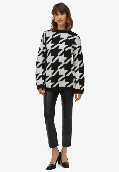 Houndstooth Pullover Sweater, BLACK WHITE, hi-res image number null