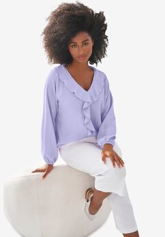 Knit Top With Ruffled V-Neck