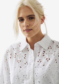 Eyelet Button Front Shirt With Blouson Sleeves