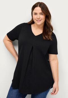 Cotton Jersey Slub V-Neck Inverted Pleat Tunic with Curved Hem