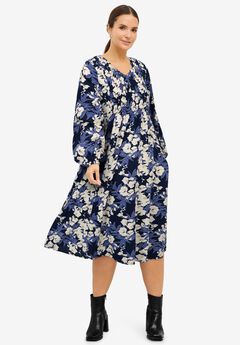 Smocked Bodice V-Neck Midi Dress