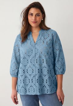 Eyelet Blouse With Notch V-neck & Blouson Sleeves