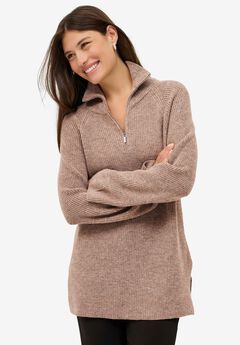 ¼ Zip Sweater Tunic With Side Slits