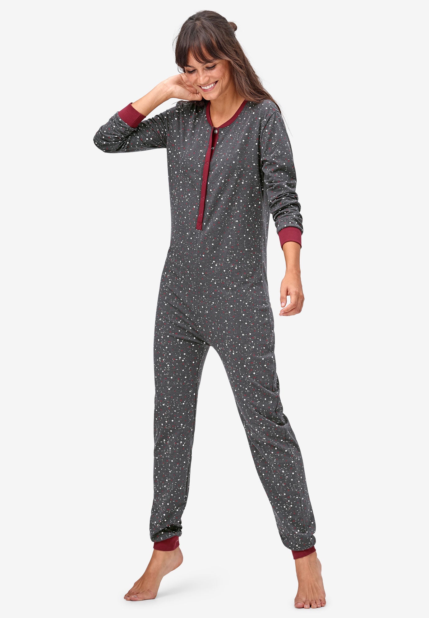 Henley One-piece Pajamas by ellos&reg;, HEATHER CHARCOAL STAR, hi-res image number 0