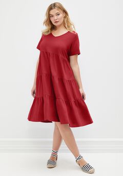 Cotton Spandex V-Neck Short Sleeve Tiered A-Line Dress