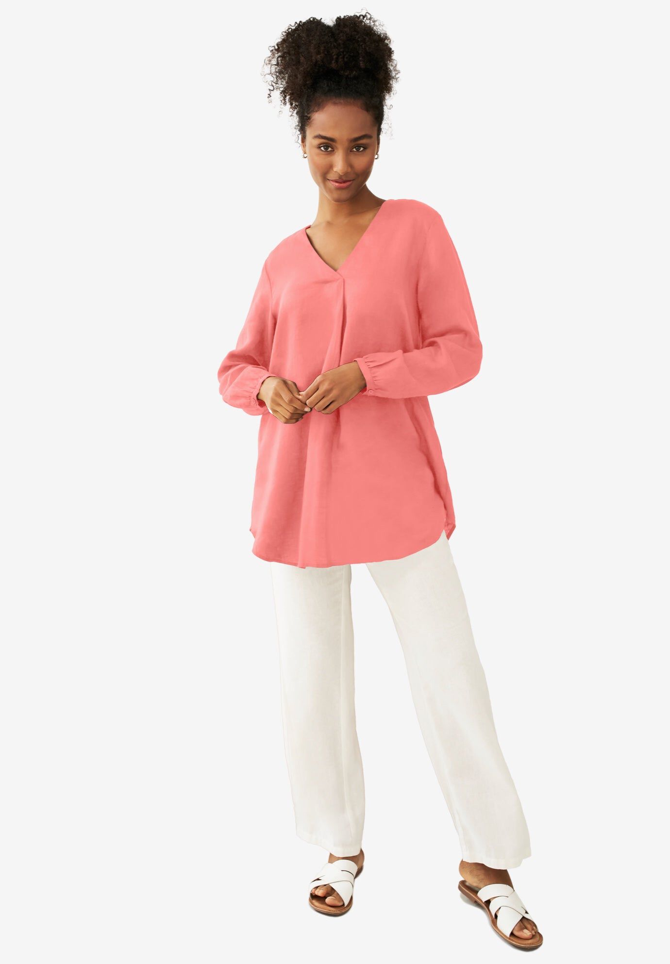 V-Neck Inverted Pleat Tunic, SWEET CORAL, hi-res image number 0