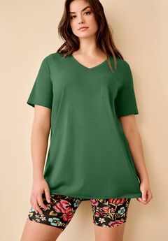 Stretch Knit V-neck Short Sleeve Chest Pocket Tunic