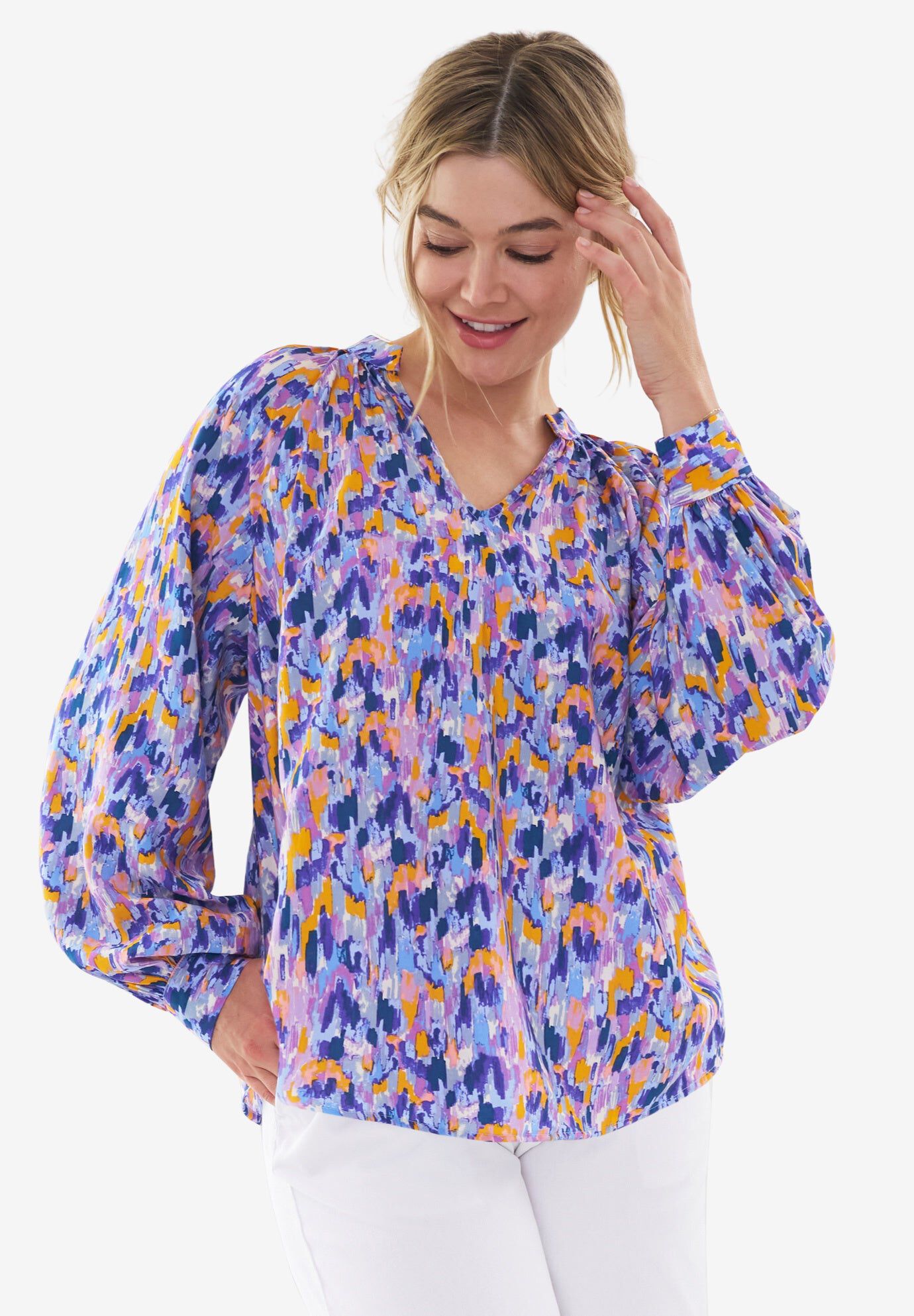 Notch Neck Blouson Sleeve Blouse, TRUE BLUE MULTI PRINT, hi-res image number 0