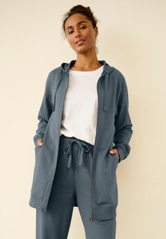 French Terry Long Sleeve Zip-Front Tunic Hoodie