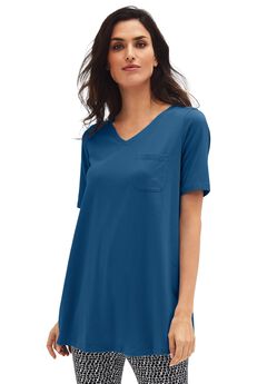 Stretch Knit V-neck Short Sleeve Chest Pocket Tunic