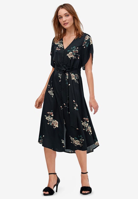 Keyhole-Back Button-Front Shirtdress, BLACK FLORAL PRINT, hi-res image number null