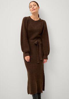 A-Line Crewneck Belted Maxi Sweater Dress With Side Slits