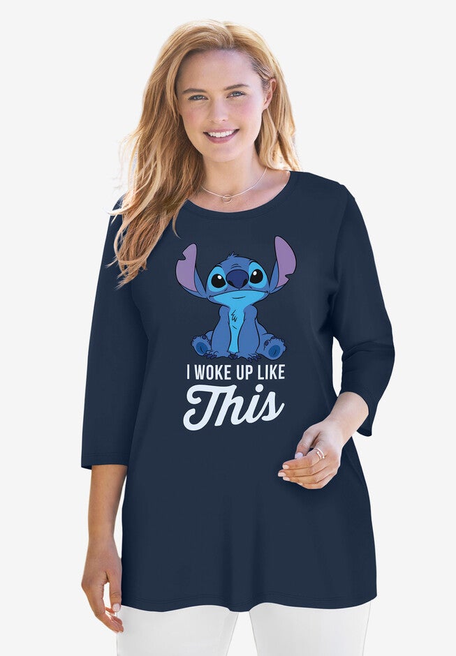Disney Women's Three-Quarter Sleeve Tunic Stitch I Woke Up Like This Navy, NAVY STITCH, hi-res image number null