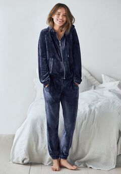Stretch Velour Zip Front Long Sleeve Jacket With Hood
