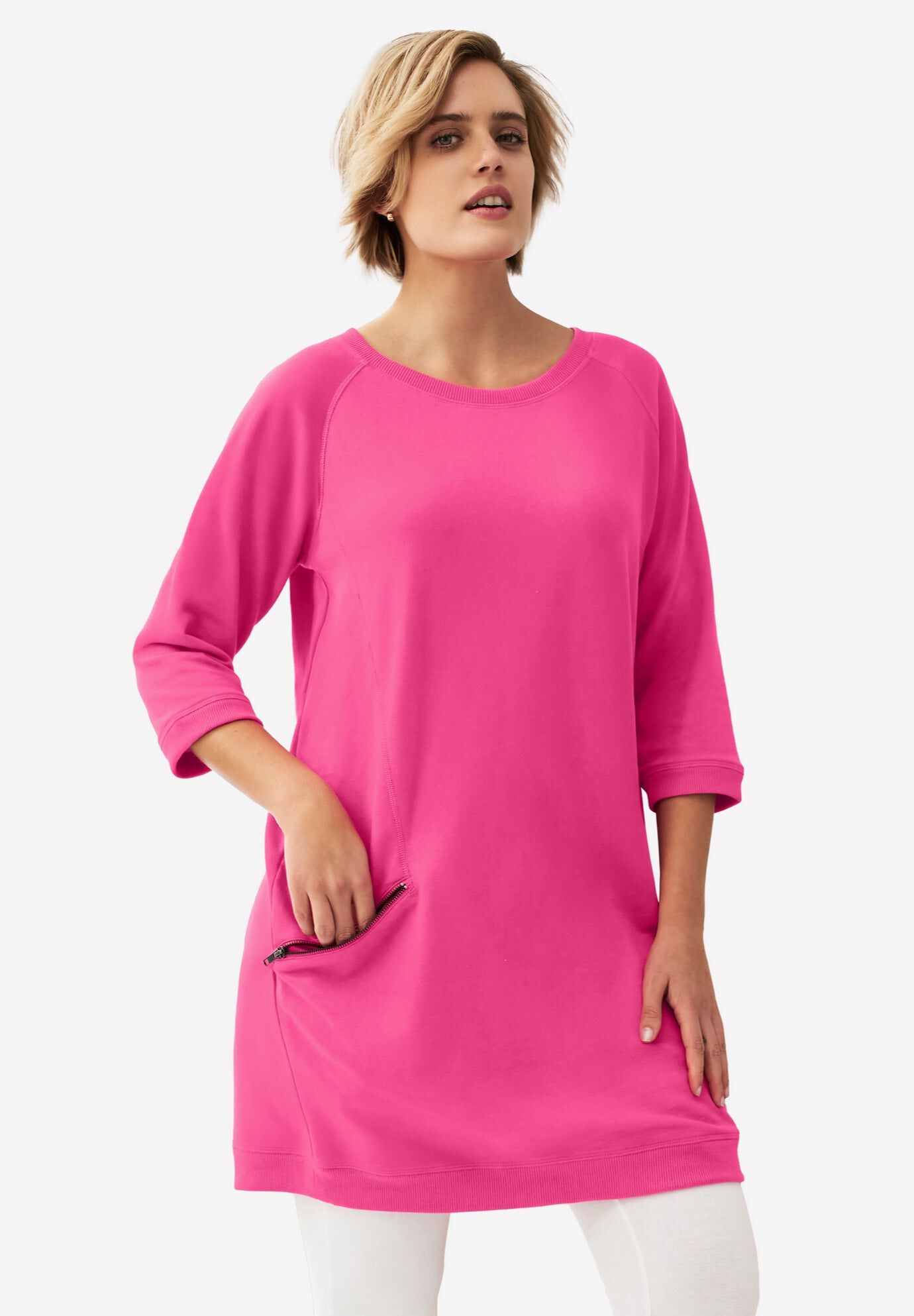 Fashionable French Terry Zip Pocket Tunic, Raspberry Sorbet | Roaman's