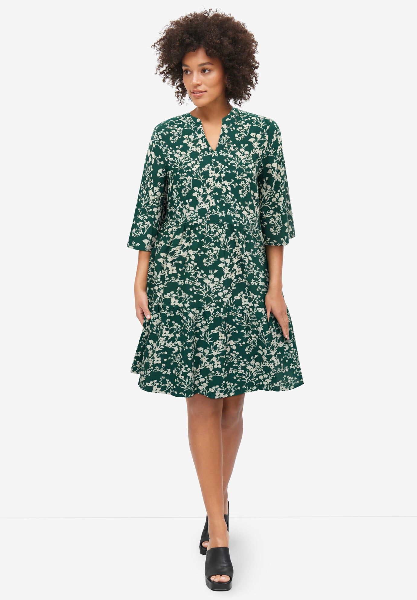 Notch Neckline Tiered A-Line Dress, ROYAL GREEN IVORY FLORAL, hi-res image number 0