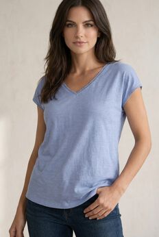 V-Neck A-Line Crochet Trim Tee