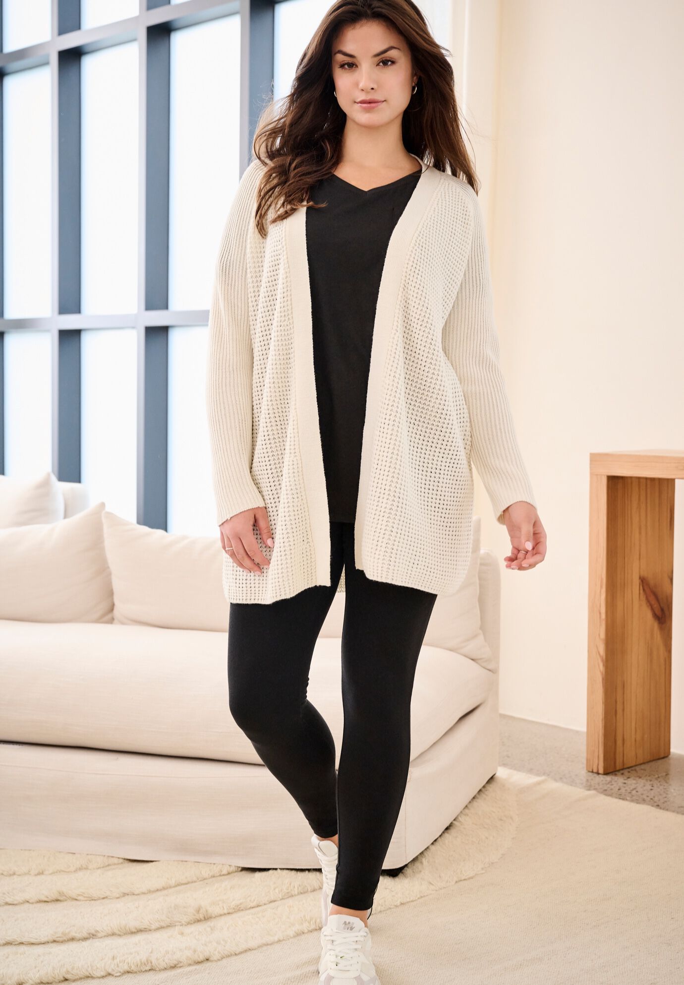 Open Front Waffle Cardigan, IVORY, hi-res image number 0
