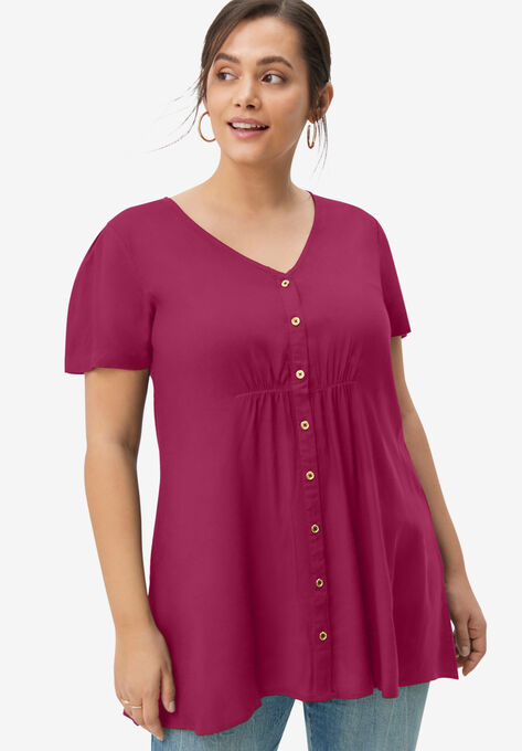 V-Neck Button-Front Tunic, POMEGRANATE, hi-res image number null