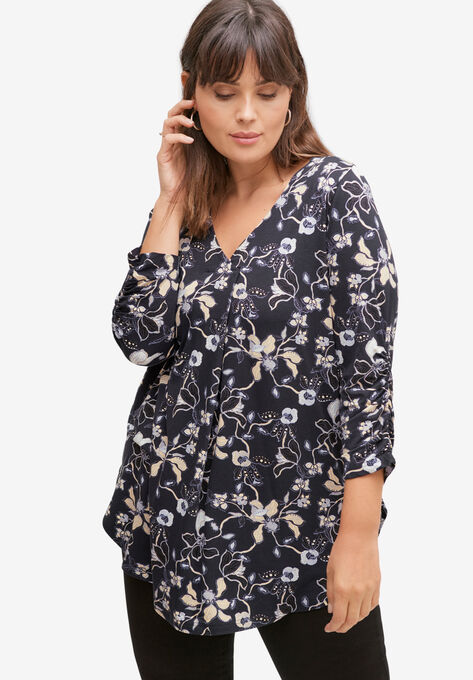Inverted Front Pleat Tunic, BLACK FLORAL PRINT, hi-res image number null